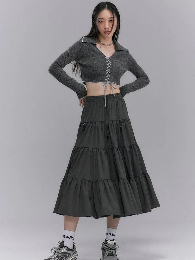 Crumply Flare Drawstring Tiered Long-Skirt