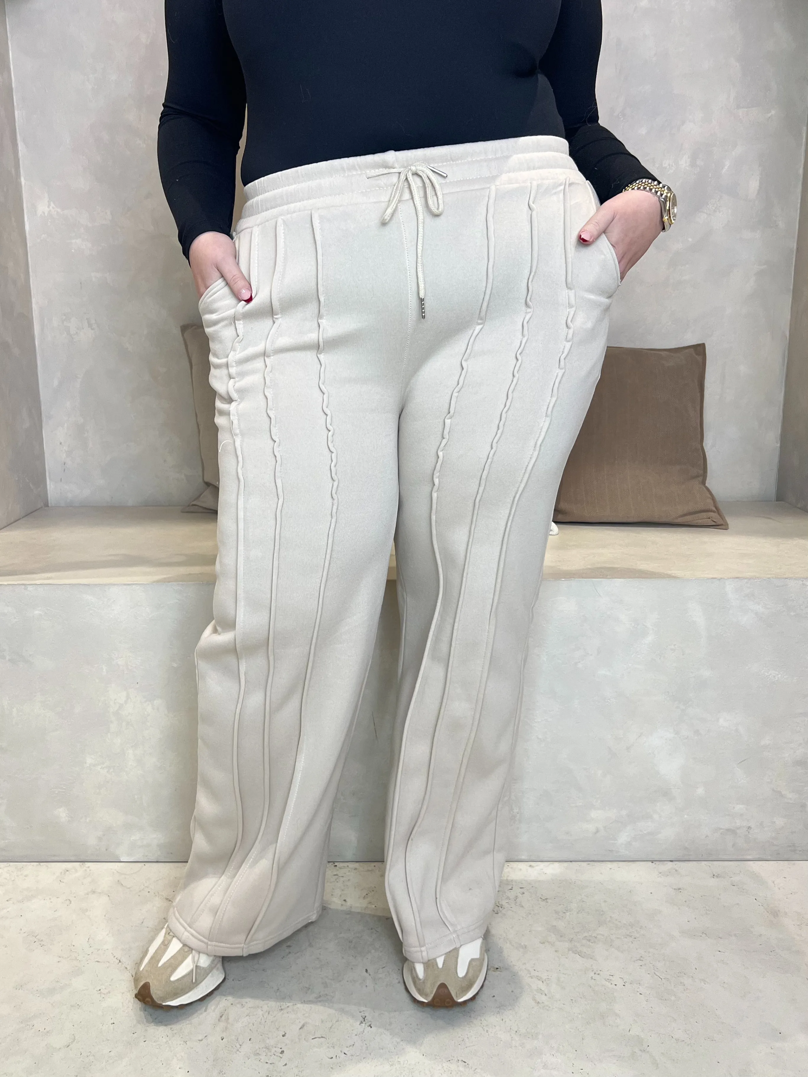 Curve Beige Wide Leg Piped Jogger