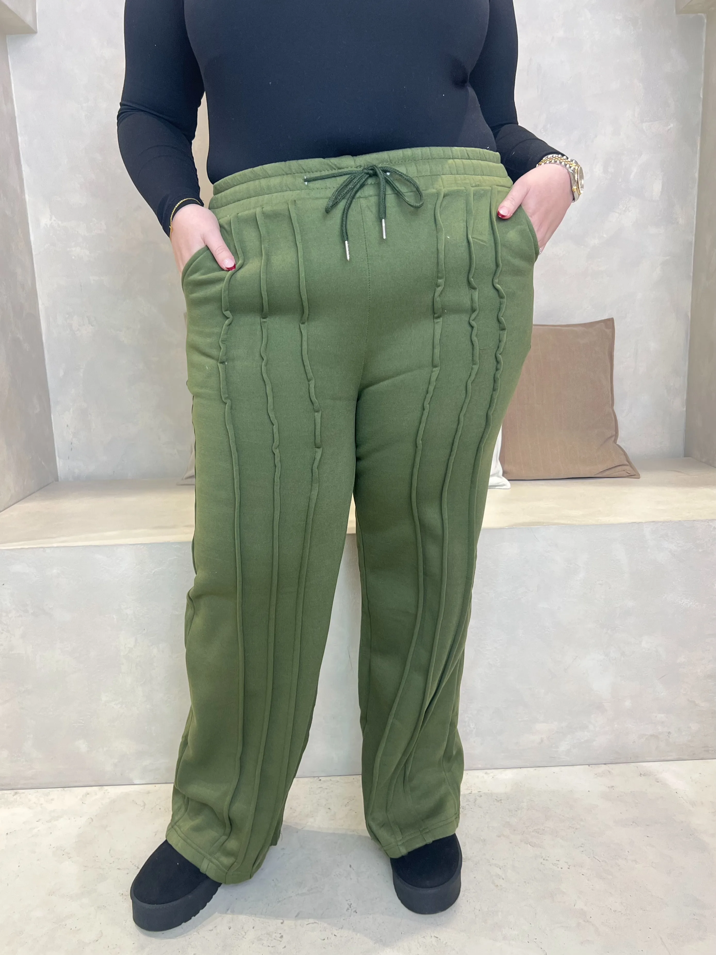 Curve Khaki Wide Leg Piped Jogger