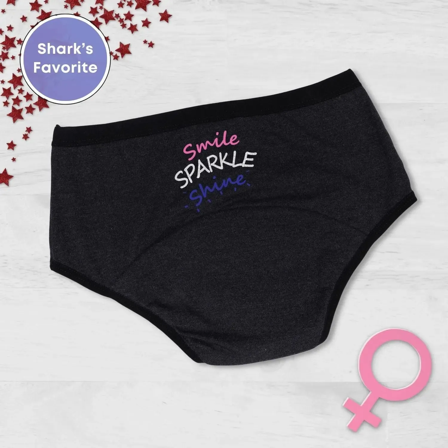 D'chica Smile Sparkle Shine Print Eco-Friendly Anti-Microbial Lining Her Future Period Panties Pad-Free Periods Dark Grey