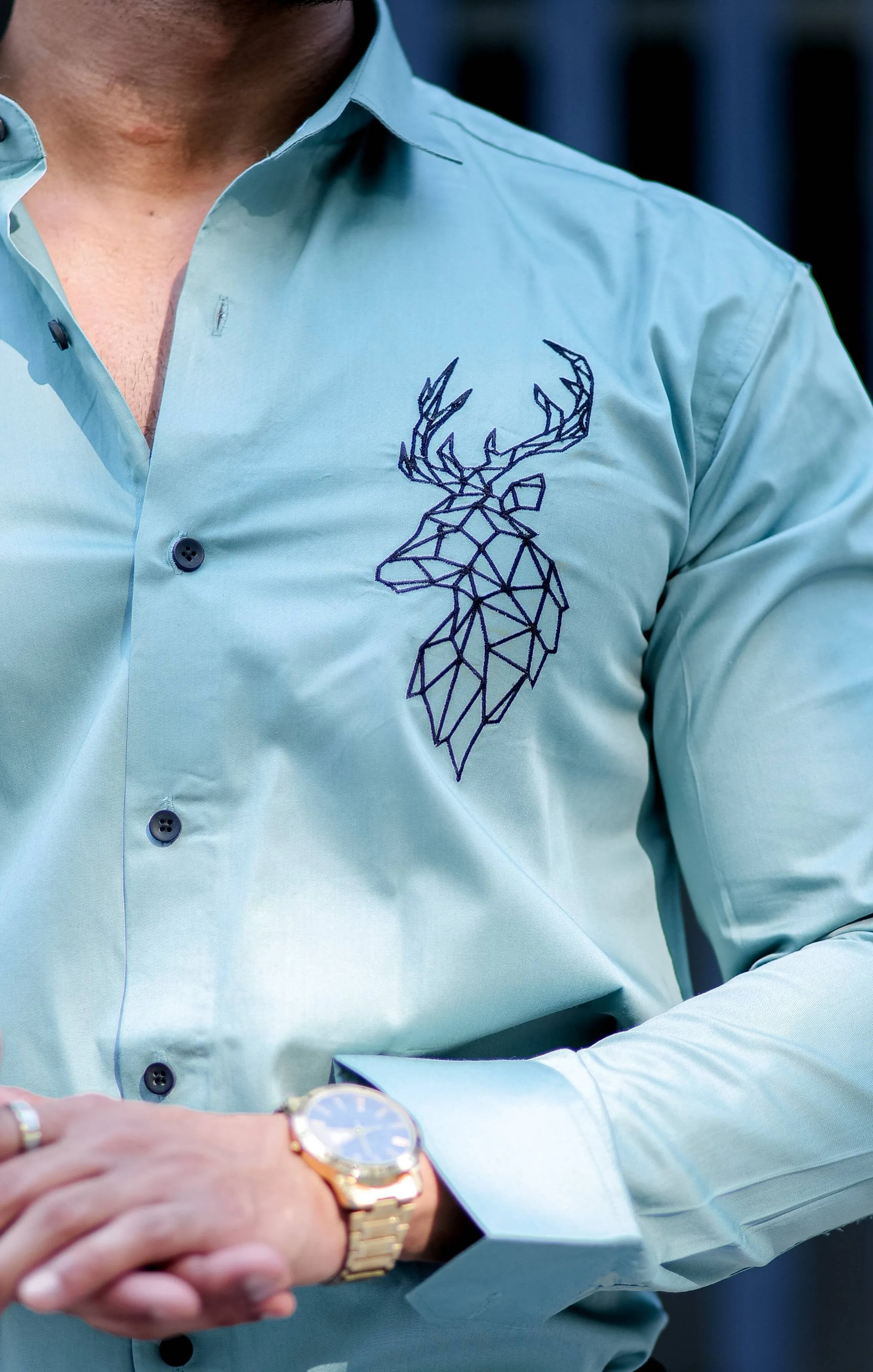 Deer Embroidered Cyan Golden Premium Cotton Shirt