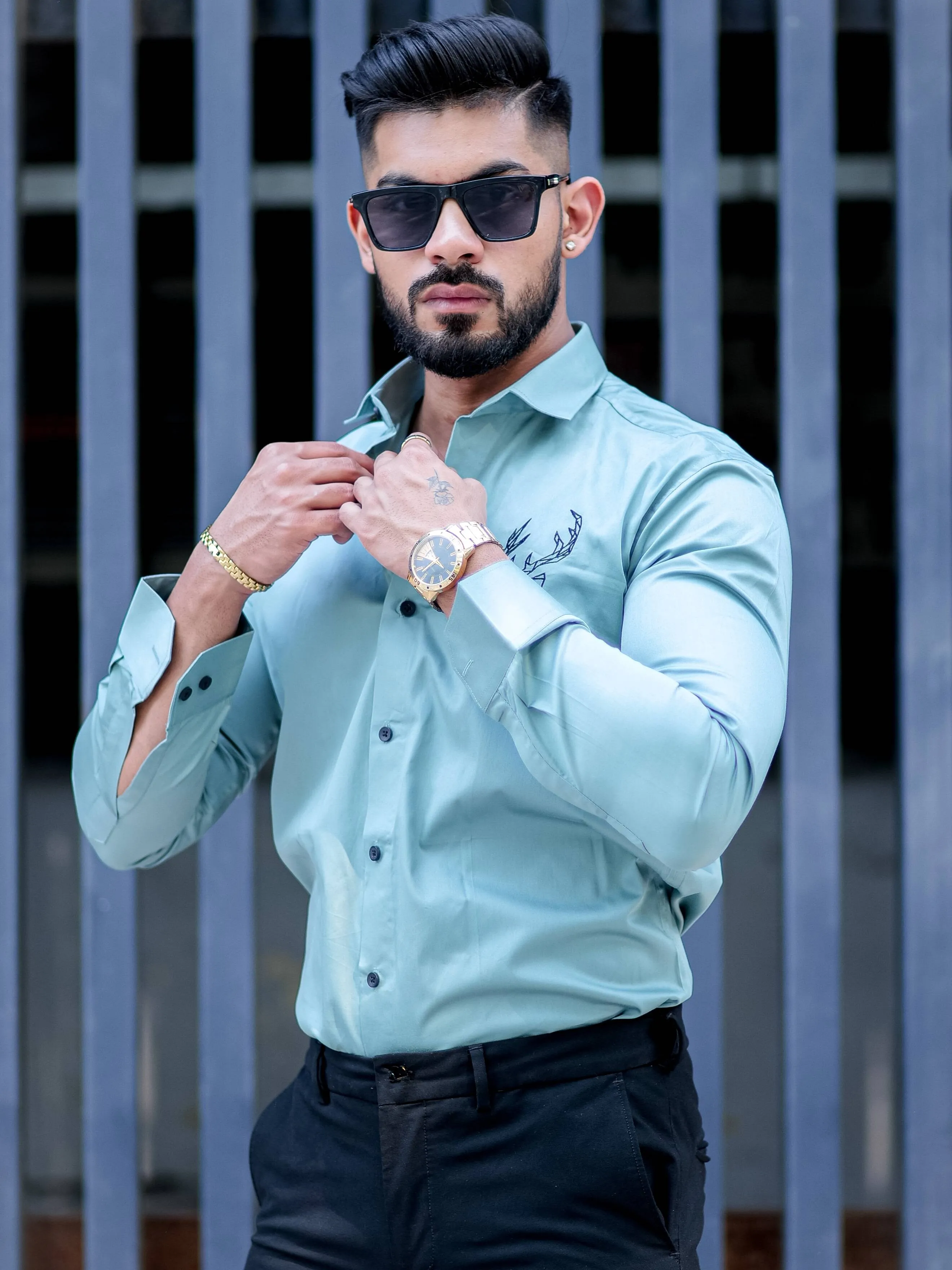 Deer Embroidered Cyan Golden Premium Cotton Shirt