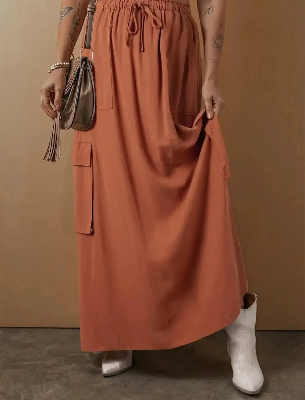 Drawstring Maxi Skirt with Pockets