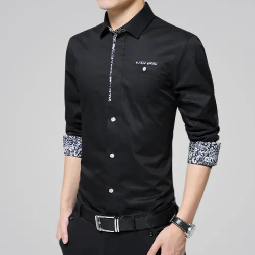 Elegant Golden Floral Accented Men's Long Sleeve Shirt - A Blend of Style & Comfort