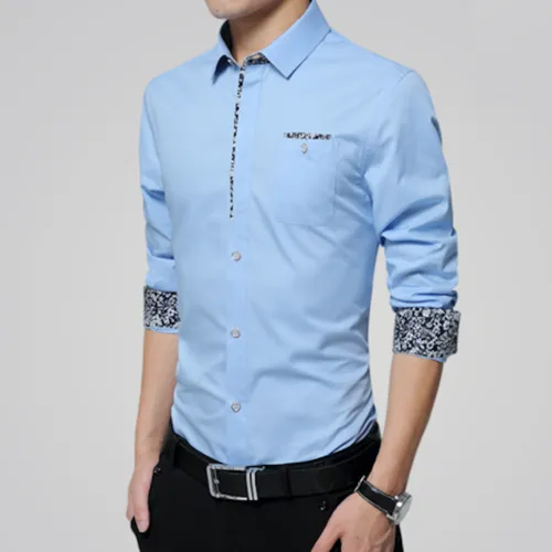 Elegant Golden Floral Accented Men's Long Sleeve Shirt - A Blend of Style & Comfort