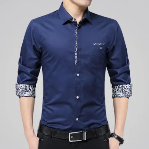 Elegant Golden Floral Accented Men's Long Sleeve Shirt - A Blend of Style & Comfort