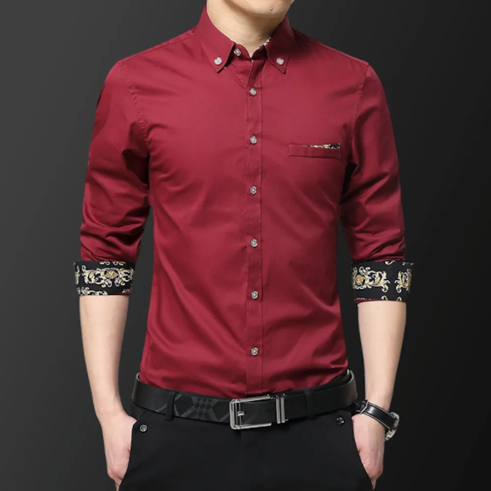 Elegant Golden Floral Accented Men's Long Sleeve Shirt - A Blend of Style & Comfort