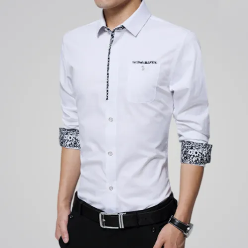 Elegant Golden Floral Accented Men's Long Sleeve Shirt - A Blend of Style & Comfort