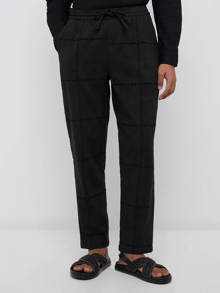 ETA Black Embroidered Relaxed-Fit Mid-Rise Chinos