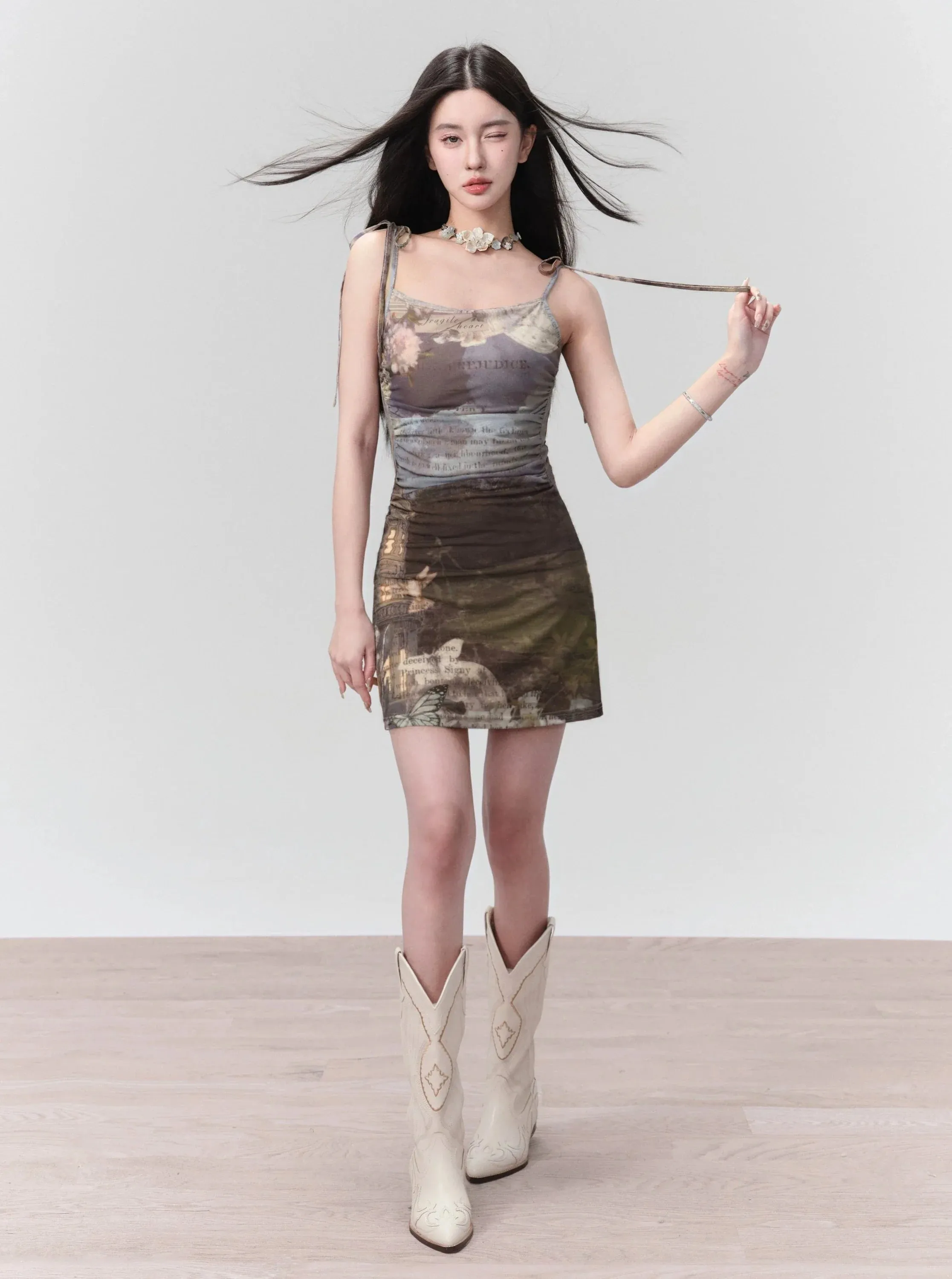 Ethereal Landscapes Slip Dress: Abstract Watercolor Print Mini with Tie Straps