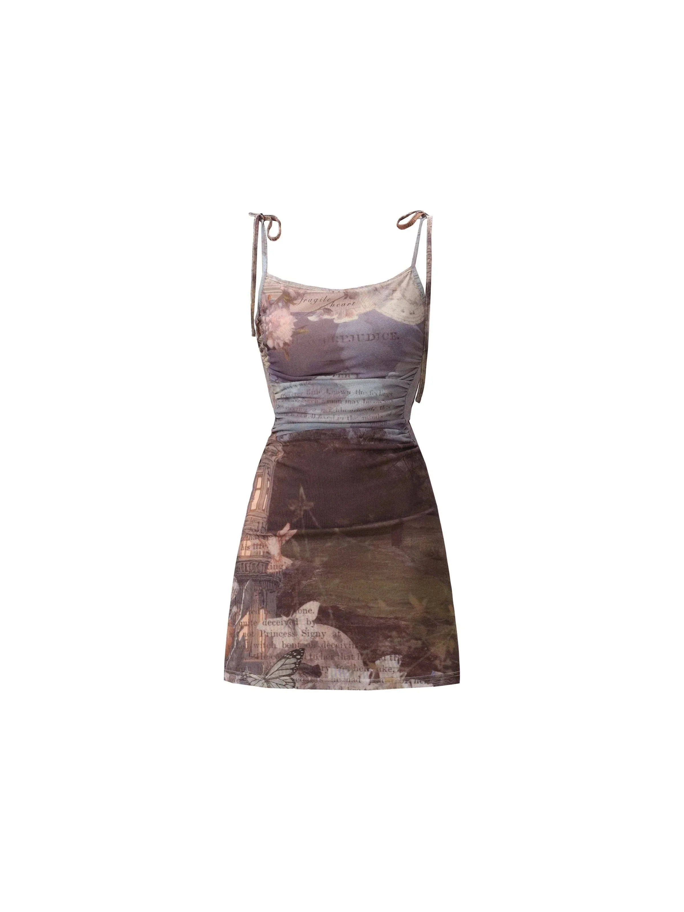 Ethereal Landscapes Slip Dress: Abstract Watercolor Print Mini with Tie Straps