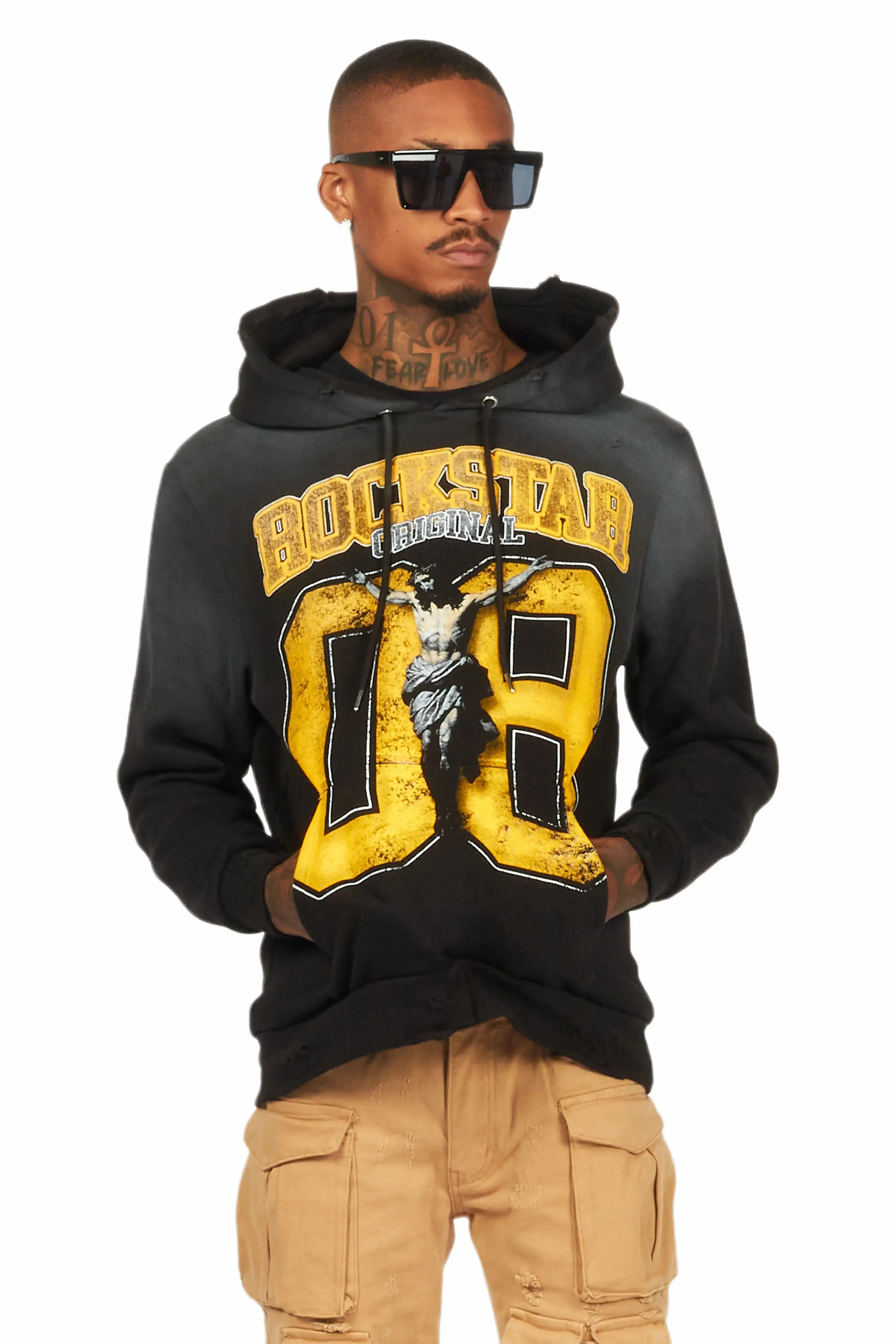 Fields Black/Yellow Distressed Graphic Hoodie