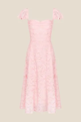 Flare Sleeves Pink Ruched A-line Long Dress