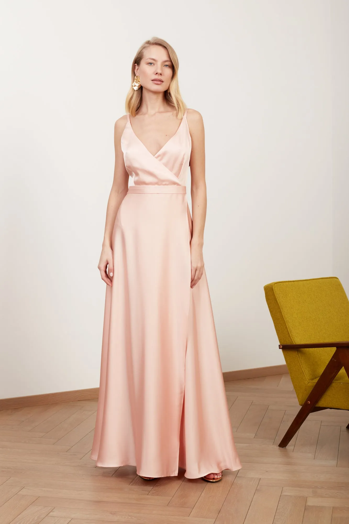 FREYA coral satin long evening dress