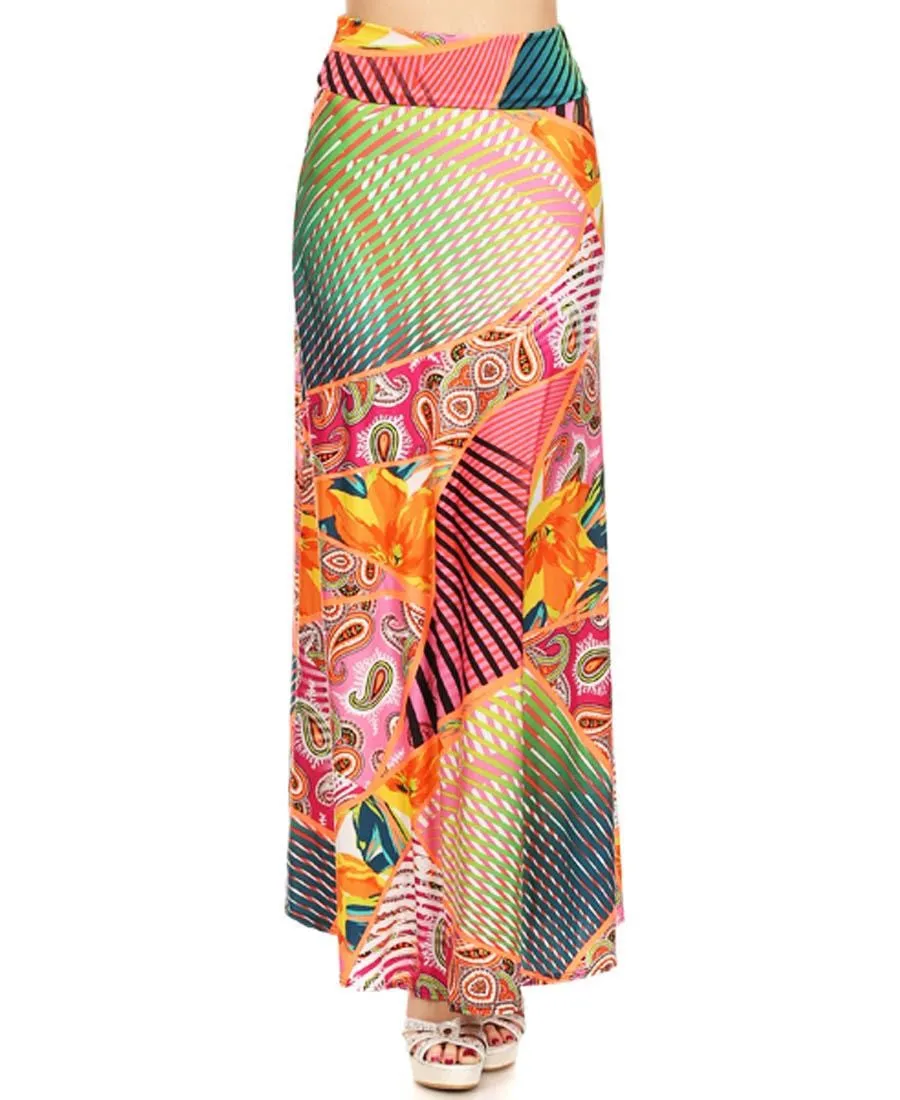 Garden Paisley and High Fans Maxi Skirt Orange