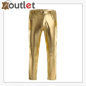 Golden Color Disco Nigh Club Leather Metallic Straight Pant Trouser