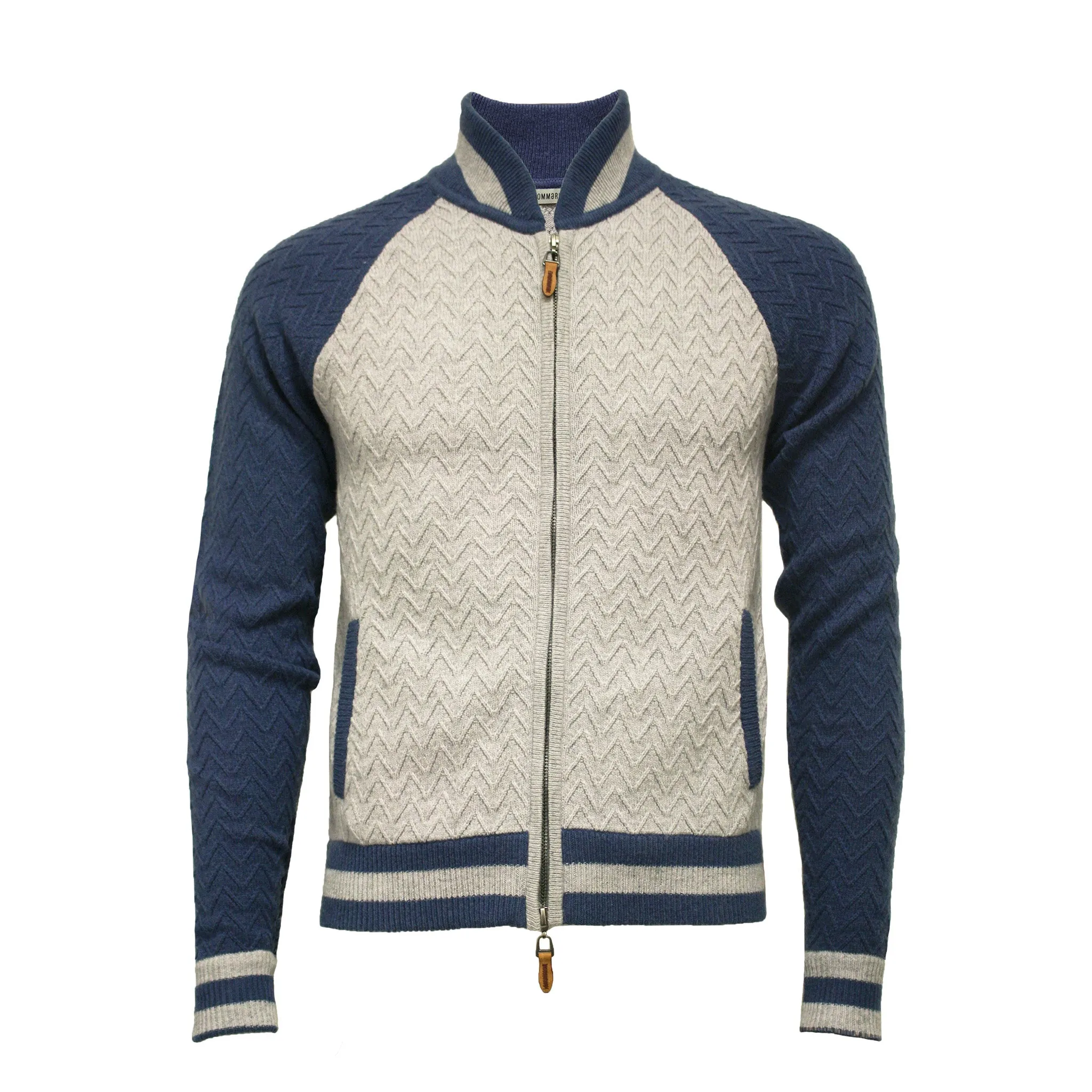 Grey Blue Cashmere Bomber Jacket in Herringbone Stitch Varau