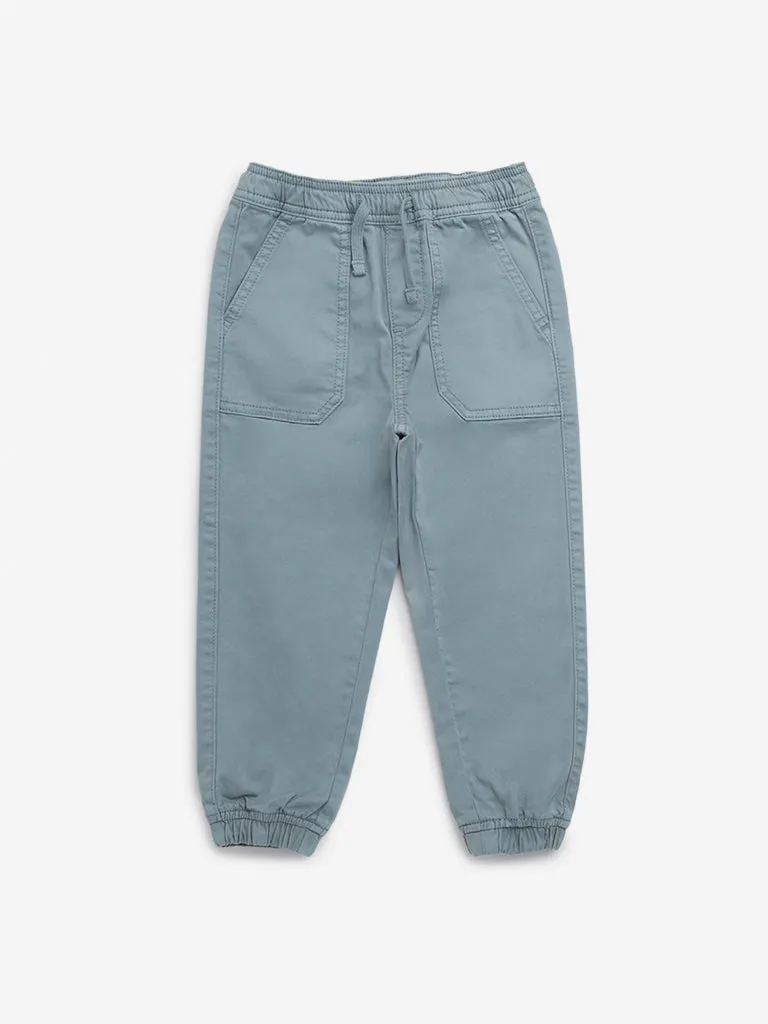 HOP Kids Blue Solid Mid-Rise Cotton Blend Joggers