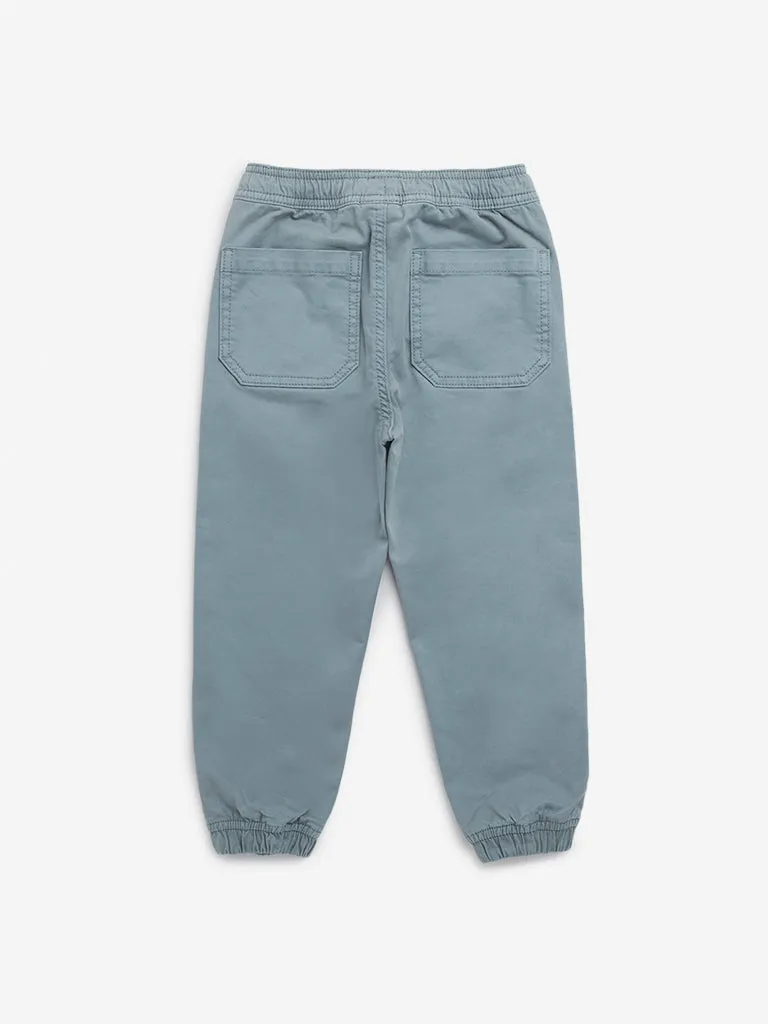 HOP Kids Blue Solid Mid-Rise Cotton Blend Joggers