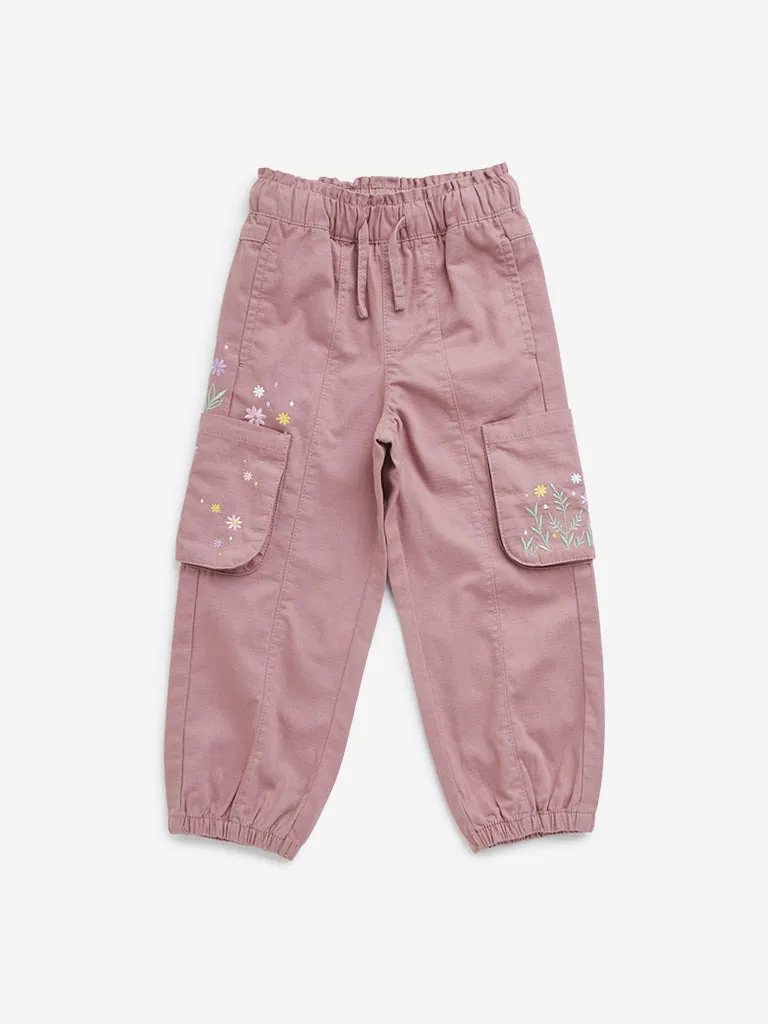 HOP Kids Dusty Pink Floral Embroidered High-Rise Cotton Joggers