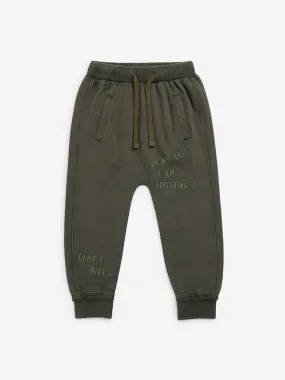 HOP Kids Olive Text Printed Mid-Rise Cotton Joggers