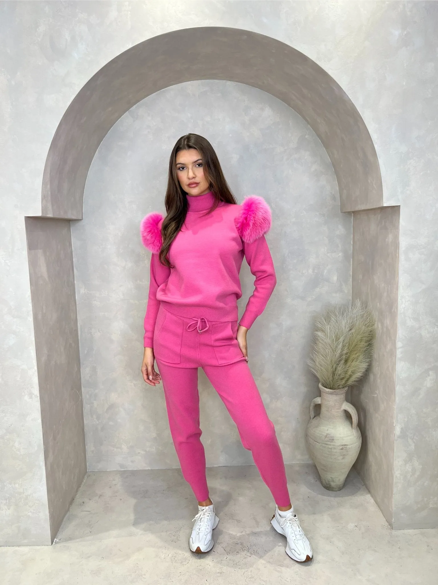 Hot Pink Luxury Fur Roll Neck Jogger Tracksuit