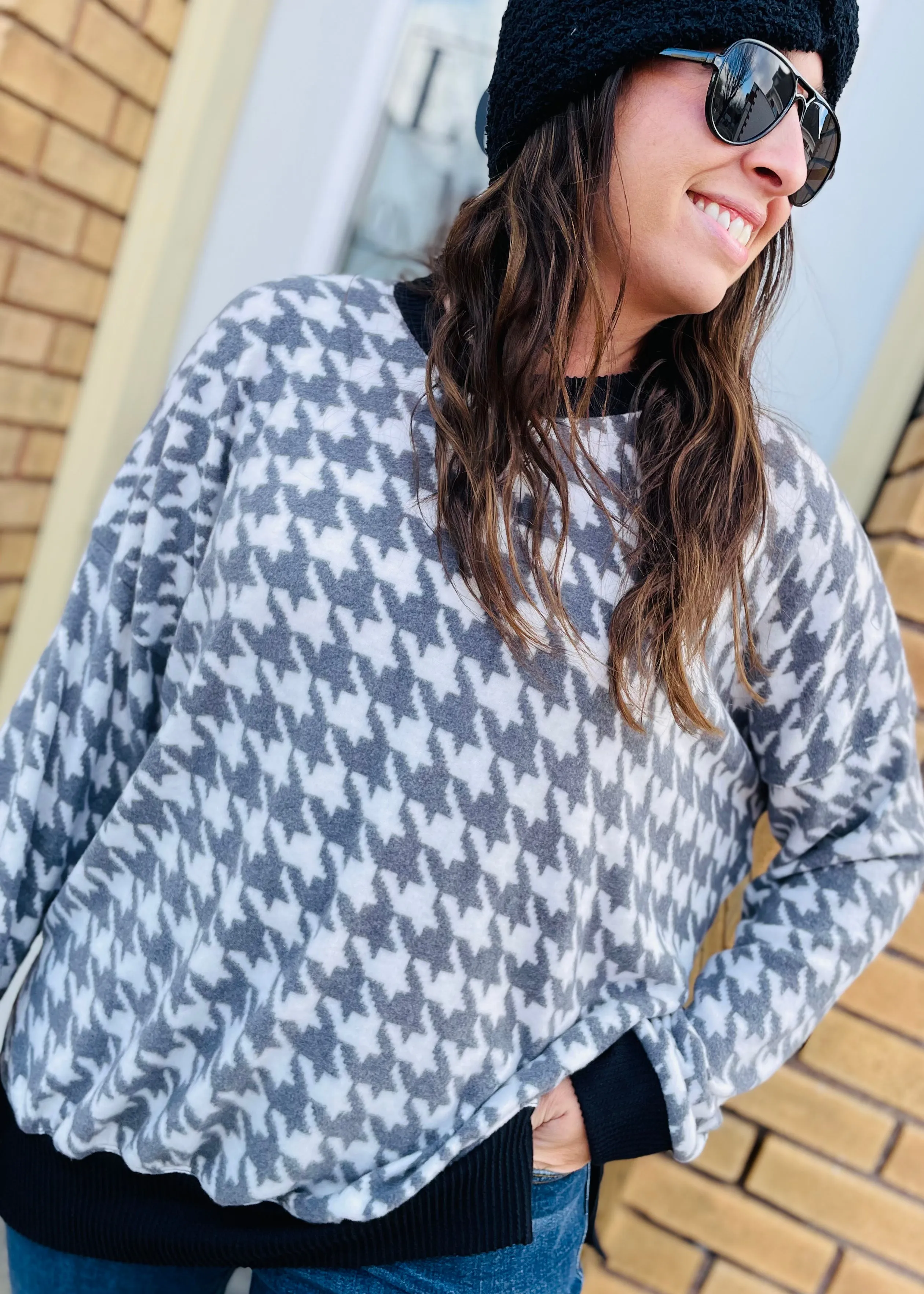 Houndstooth Brushed Top with Side Slits