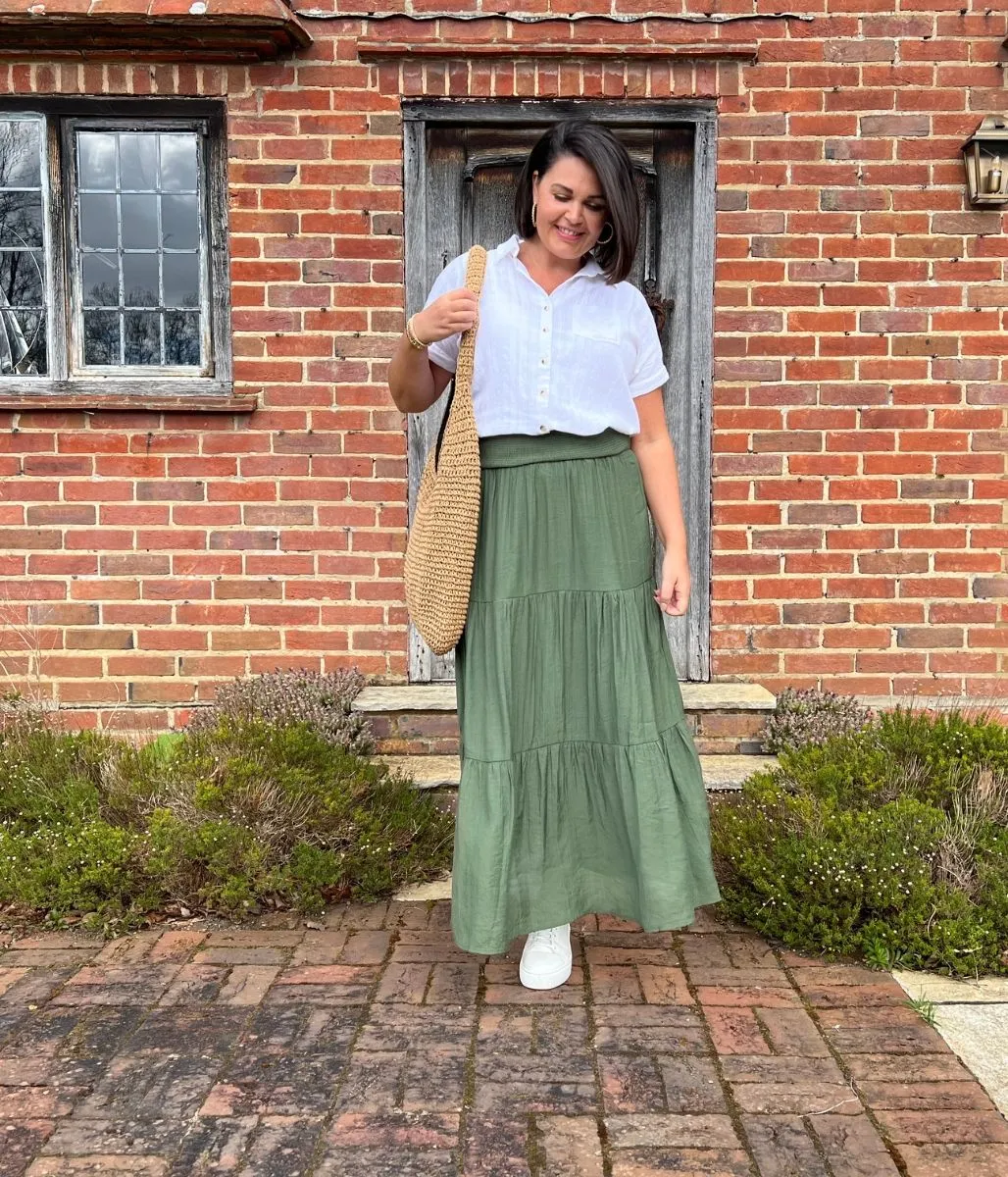 Khaki Tiered Maxi Skirt