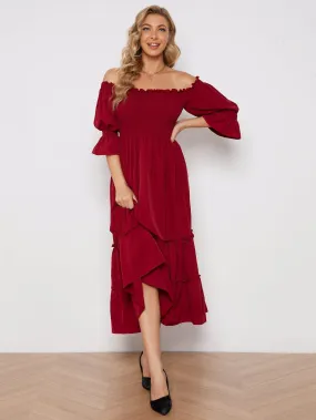 KittenAlarm - Off Shoulder Solid Color Slit Pleated Long Sleeve Dress