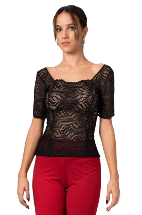 Lace See-through Top With Short Sleeves