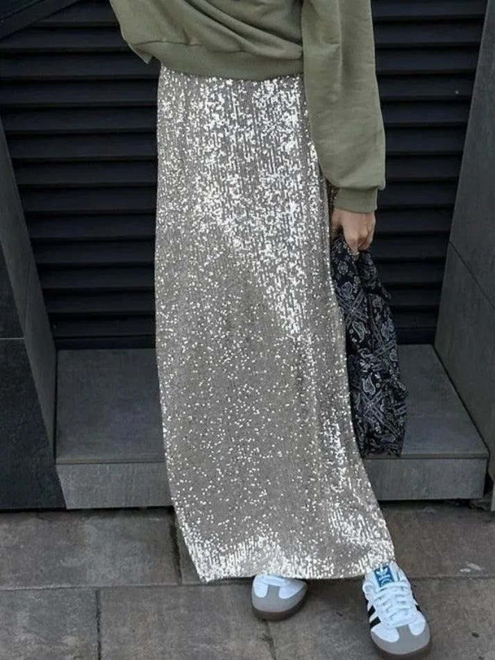 LANFUBEISI - Glittering Sequin Maxi Skirt