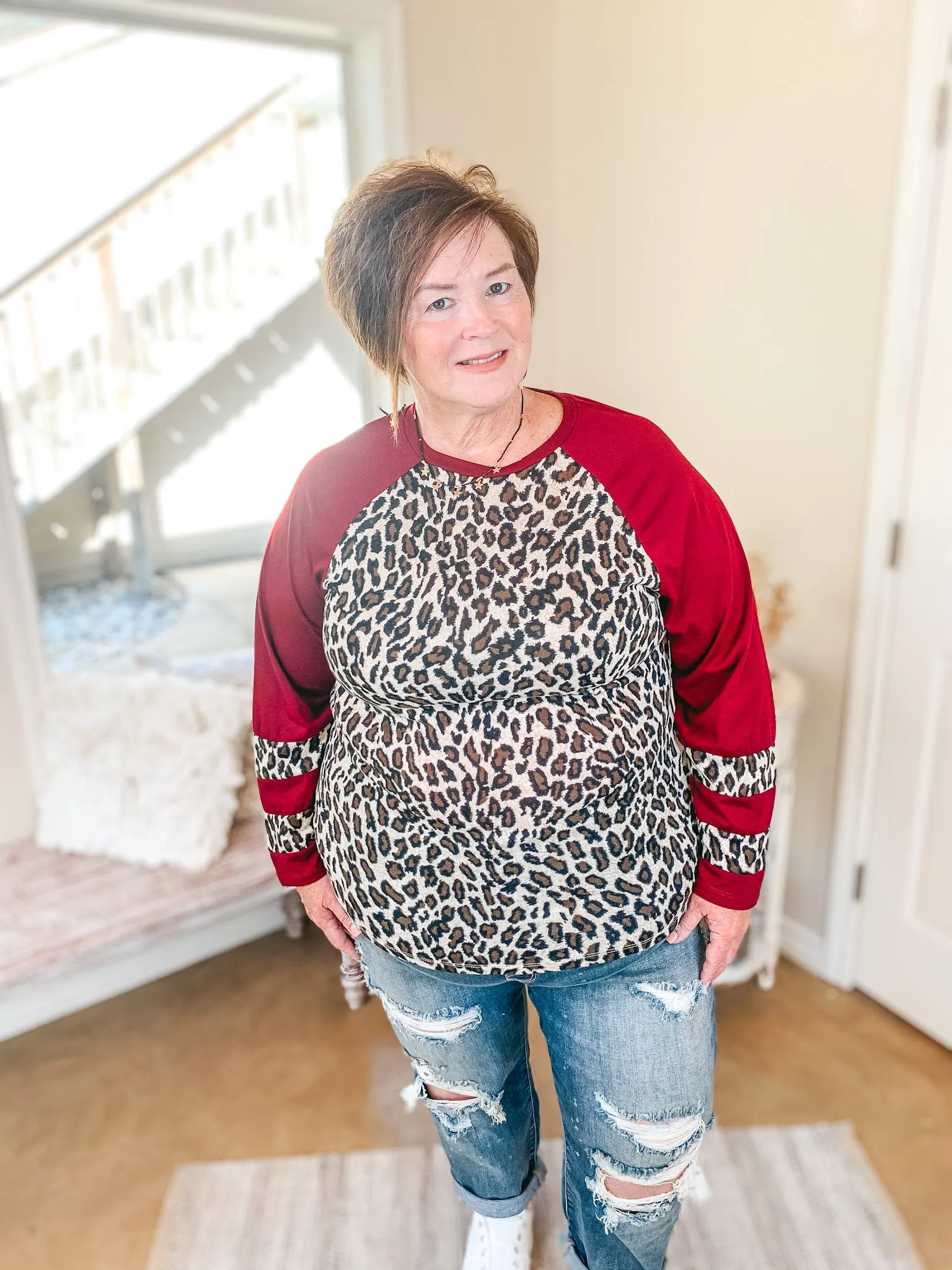 Last Chance Size 3XL | Earning Your Spots Leopard Long Sleeve Top with Color Block Sleeves in Maroon