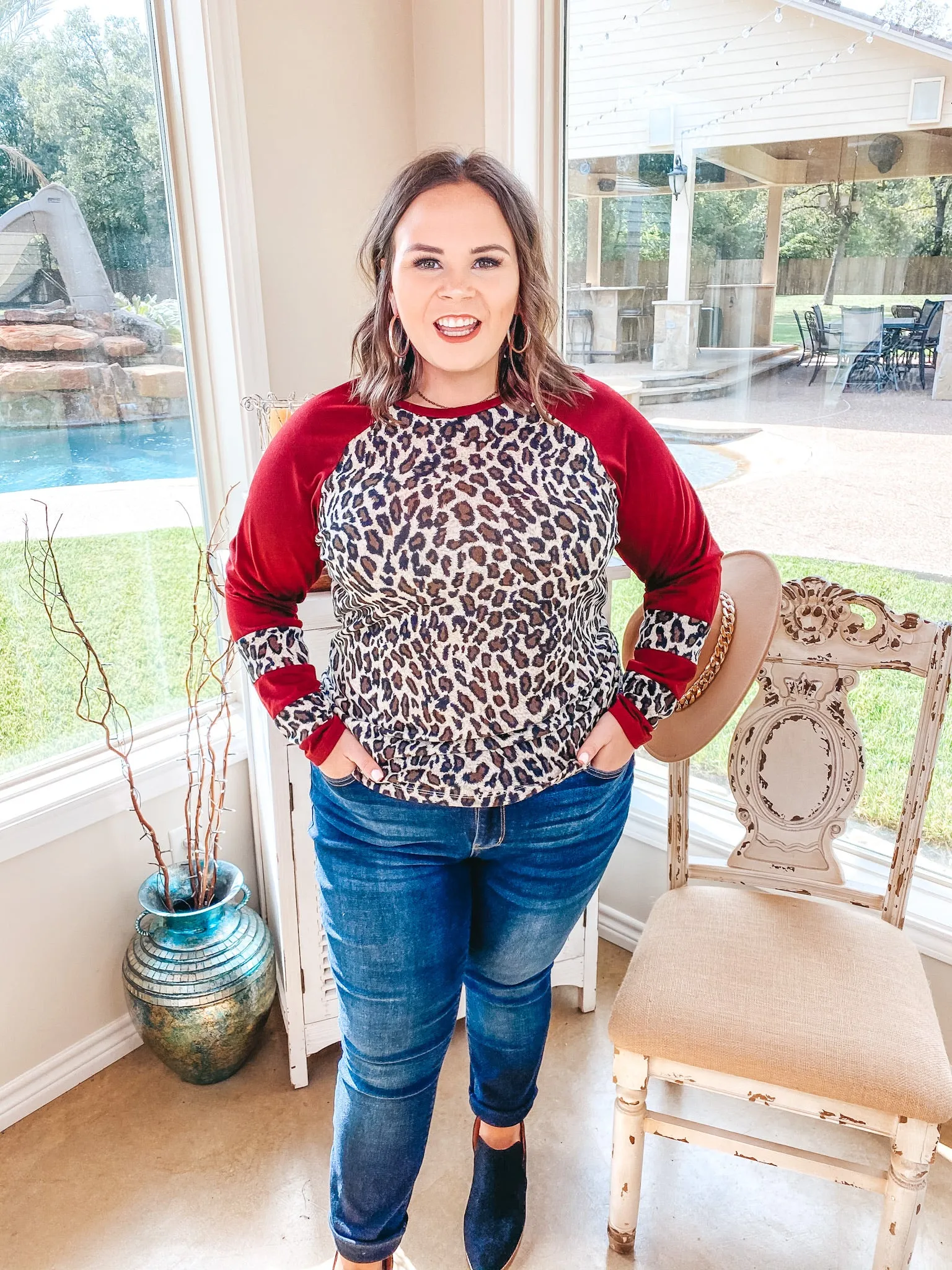 Last Chance Size 3XL | Earning Your Spots Leopard Long Sleeve Top with Color Block Sleeves in Maroon