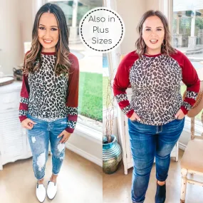 Last Chance Size 3XL | Earning Your Spots Leopard Long Sleeve Top with Color Block Sleeves in Maroon