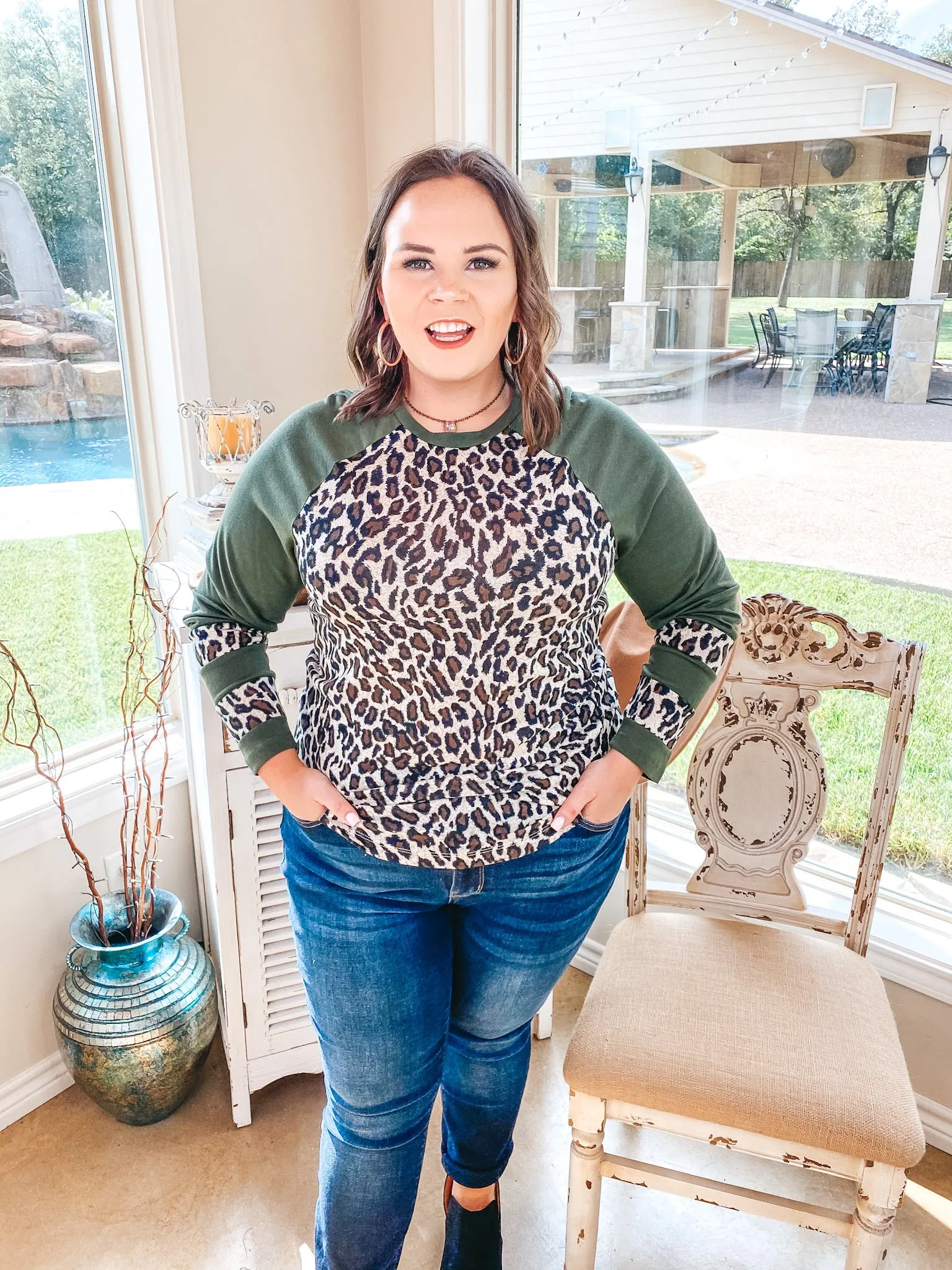 Last Chance Size 3XL | Earning Your Spots Leopard Long Sleeve Top with Color Block Sleeves in Olive Green