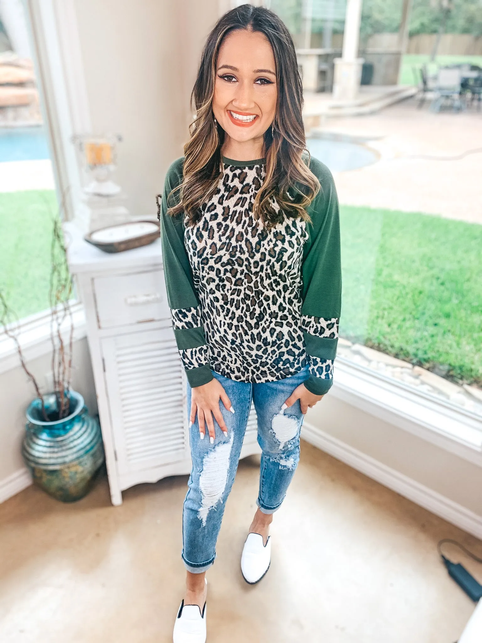 Last Chance Size 3XL | Earning Your Spots Leopard Long Sleeve Top with Color Block Sleeves in Olive Green