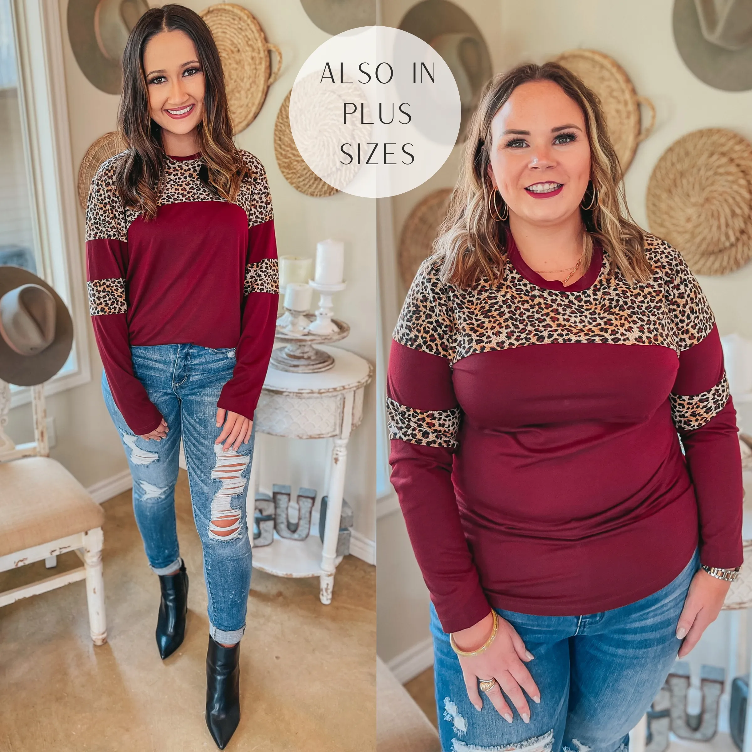 Last Chance Size 3XL | Get the Look Leopard Upper and Elbow Long Sleeve Top in Maroon