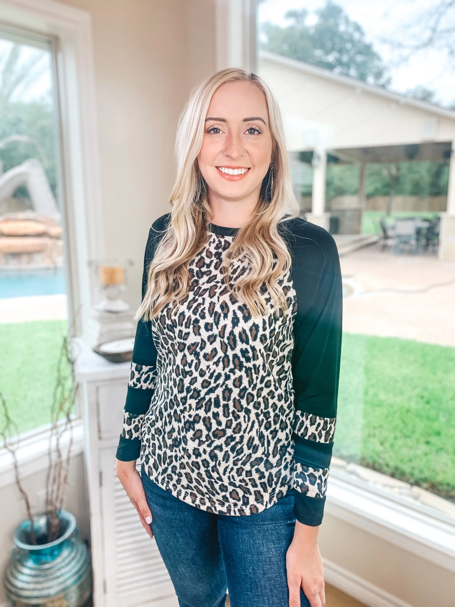 Last Chance Size Small, 2XL & 3XL | Earning Your Spots Leopard Long Sleeve Top with Color Block Sleeves in Black