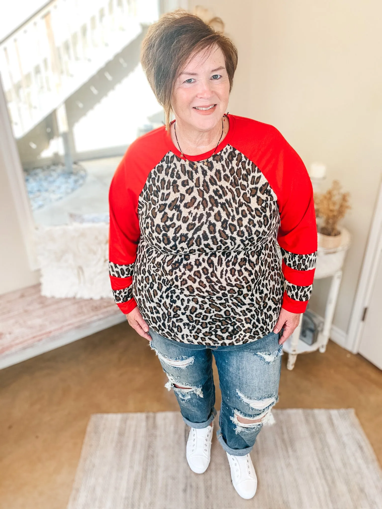 Last Chance Size Small & 3XL | Earning Your Spots Leopard Long Sleeve Top with Color Block Sleeves in Red