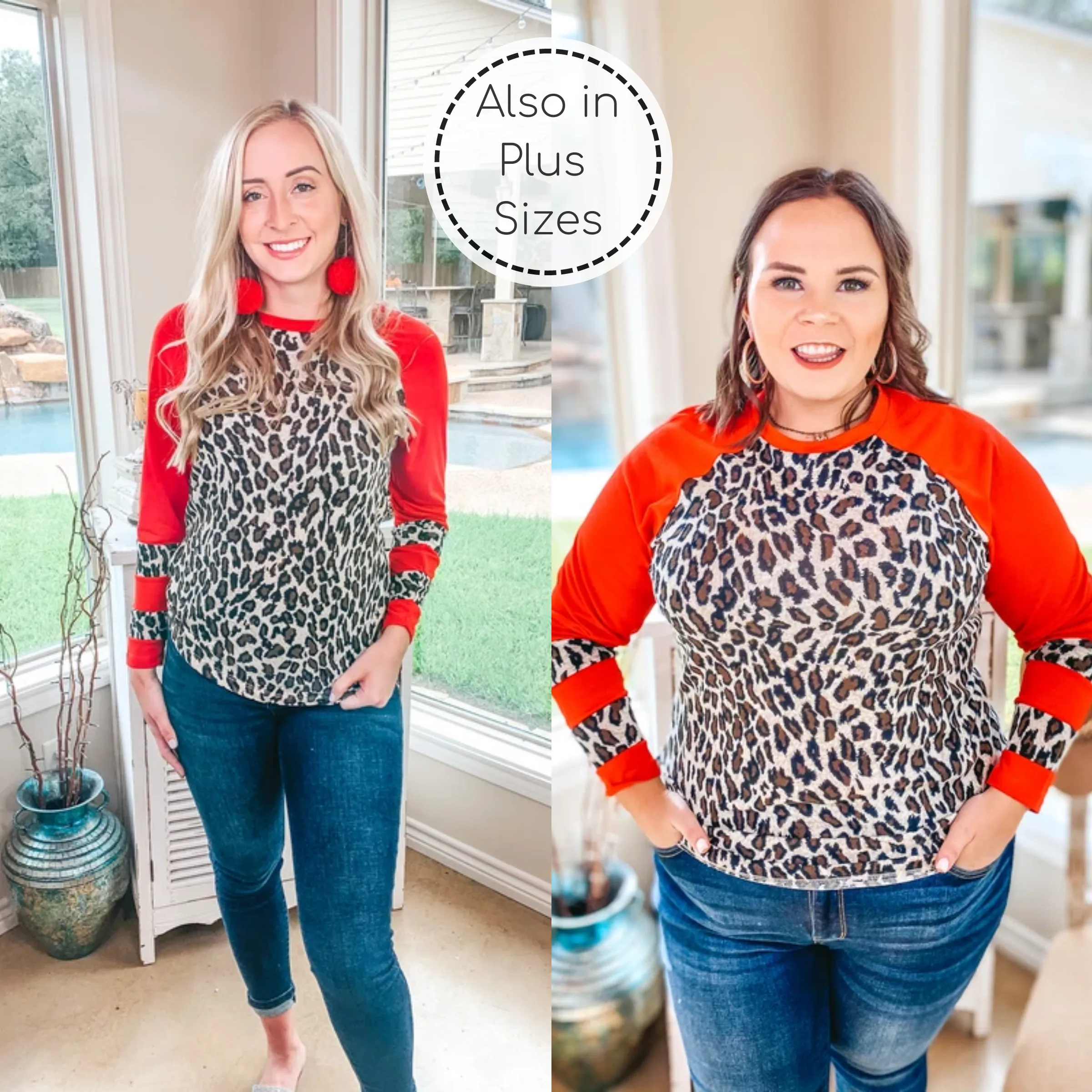 Last Chance Size Small & 3XL | Earning Your Spots Leopard Long Sleeve Top with Color Block Sleeves in Red