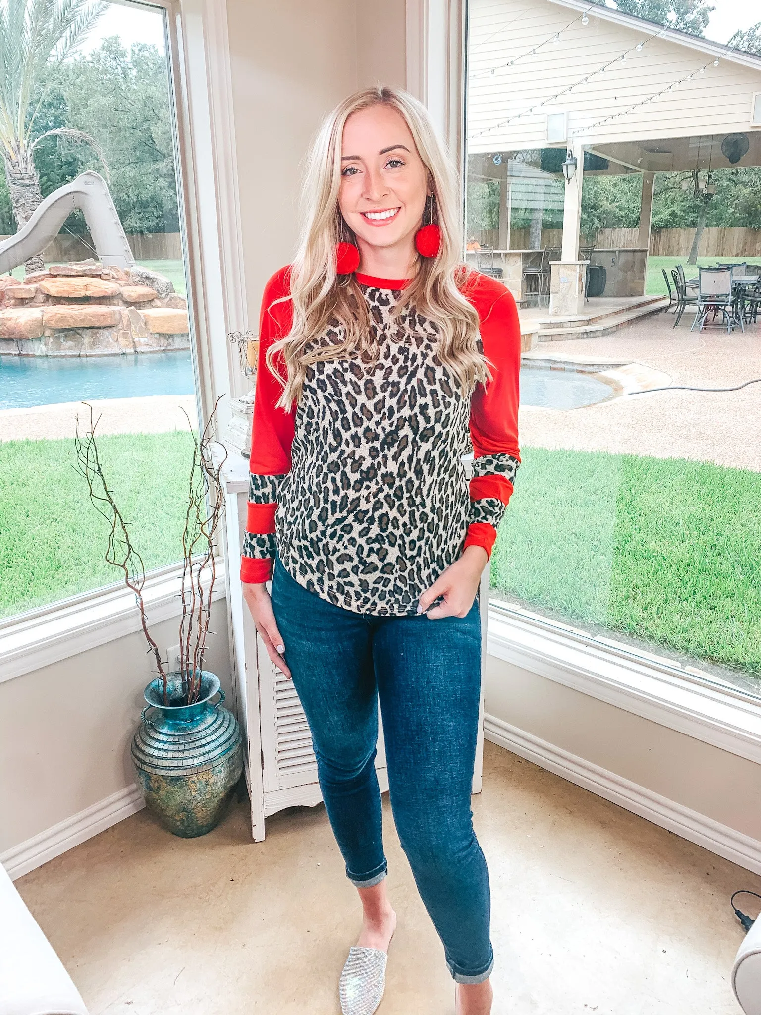 Last Chance Size Small & 3XL | Earning Your Spots Leopard Long Sleeve Top with Color Block Sleeves in Red