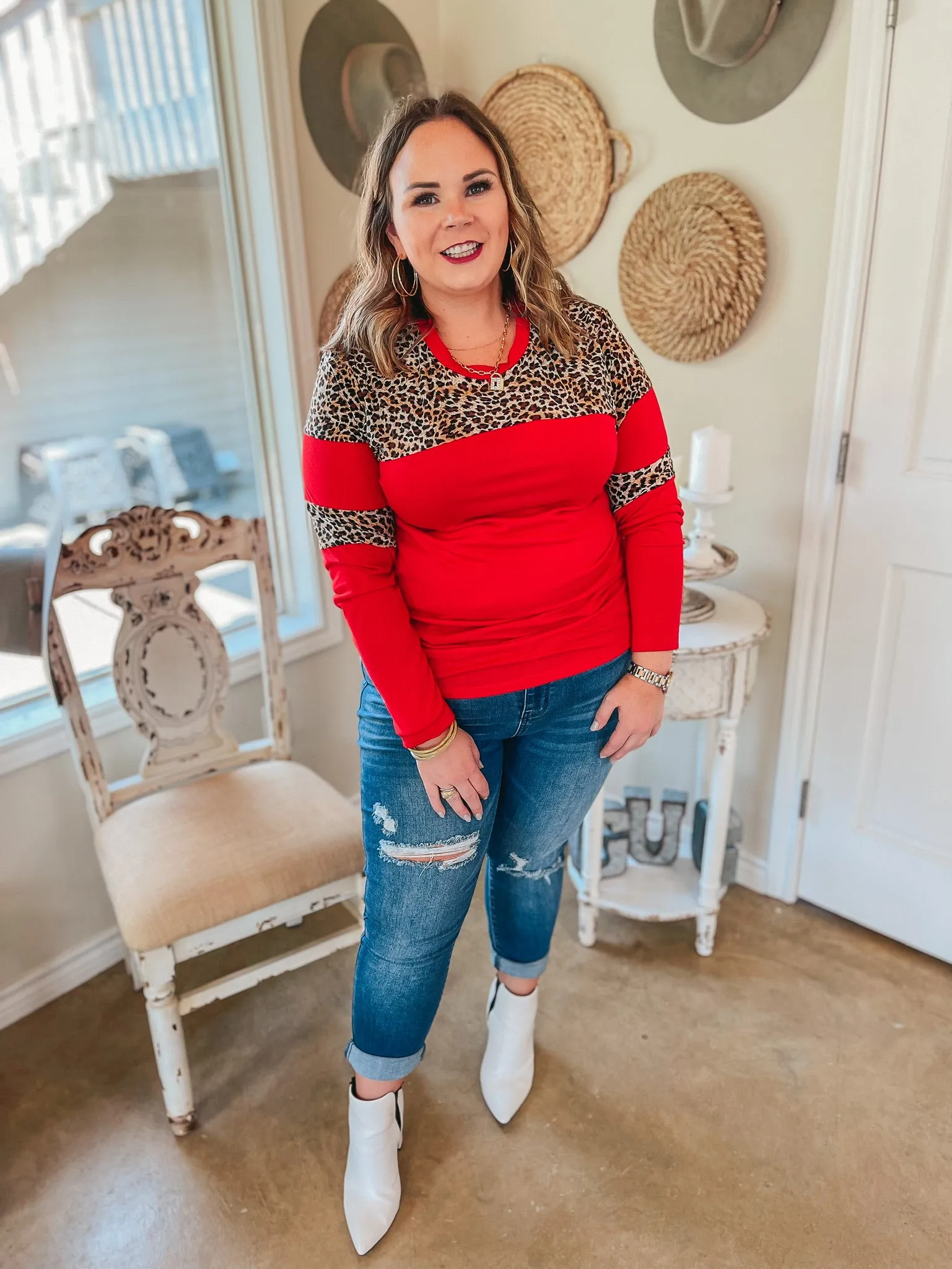 Last Chance Size Small | Get the Look Leopard Upper and Elbow Long Sleeve Top in Red