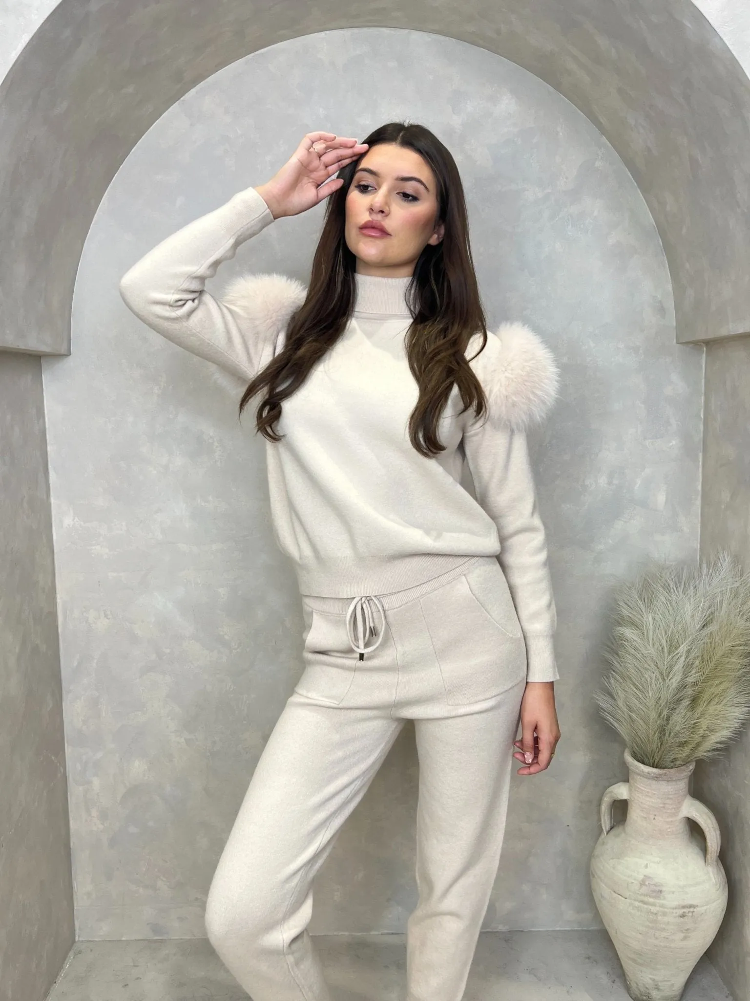 Light Beige Luxury Fur Roll Neck Jogger Tracksuit