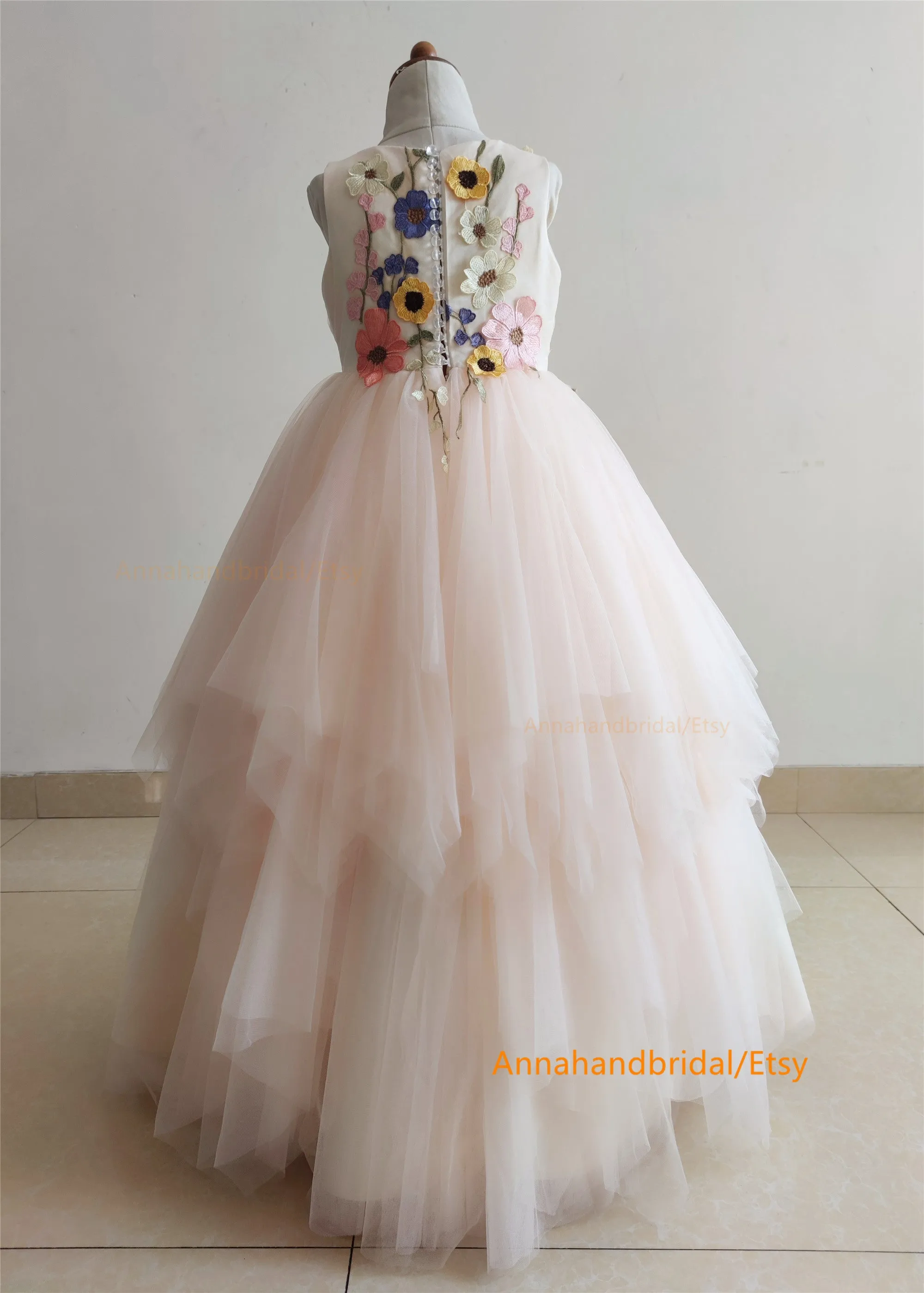 Light Champagne Embroider Lace Flower Girl Dress