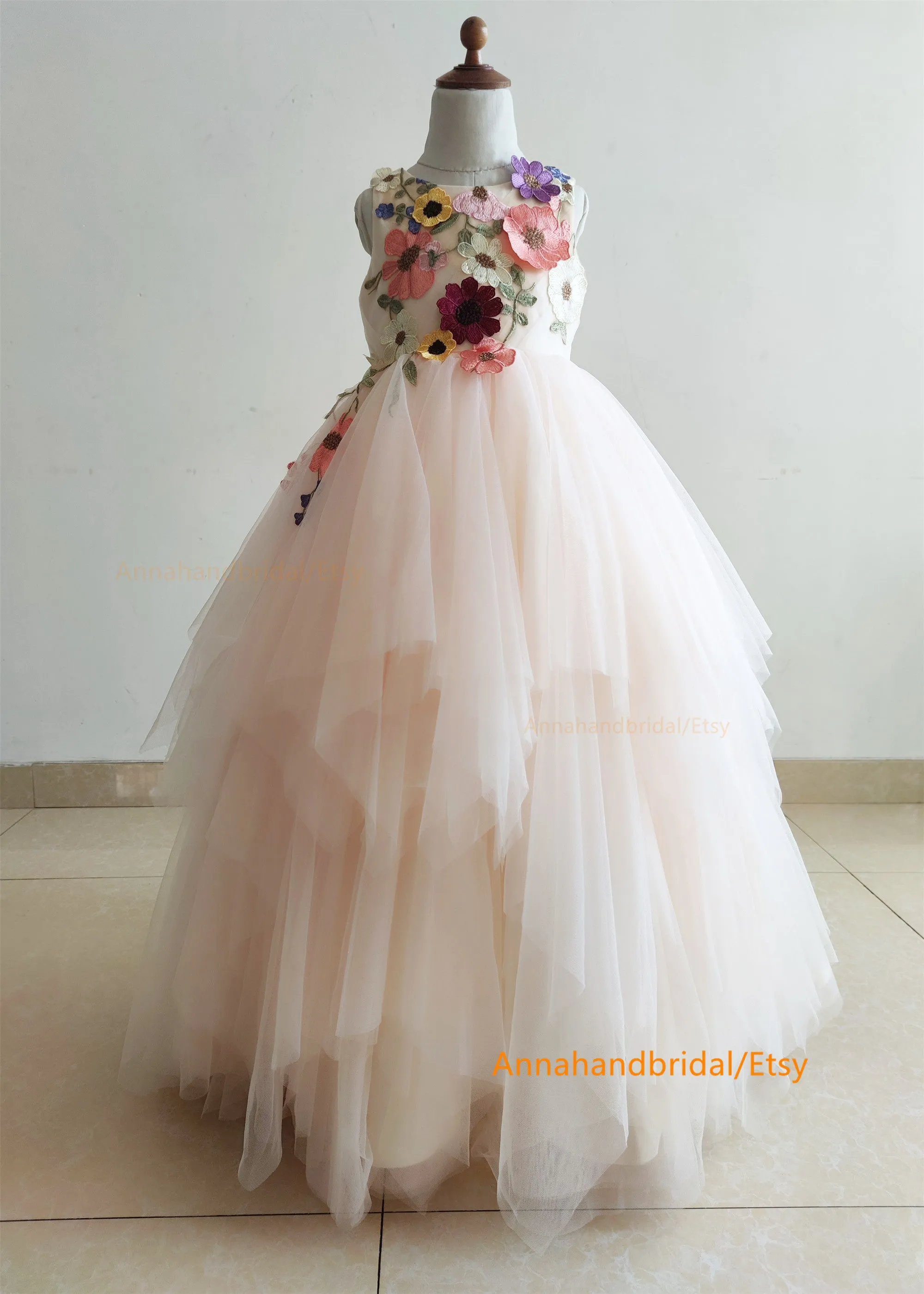 Light Champagne Embroider Lace Flower Girl Dress