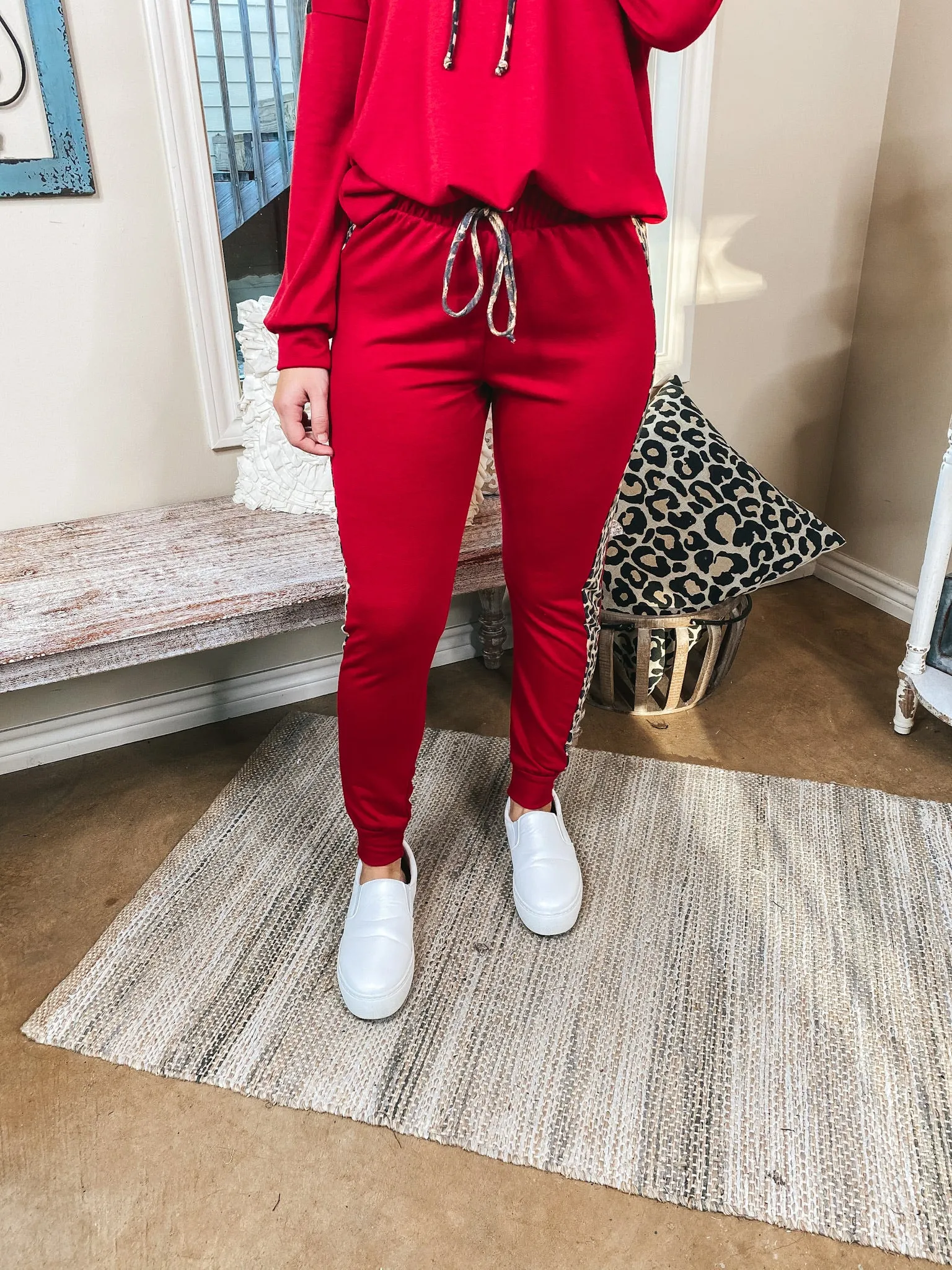 Lounge Queen Drawstring Joggers with Leopard Sides in Red