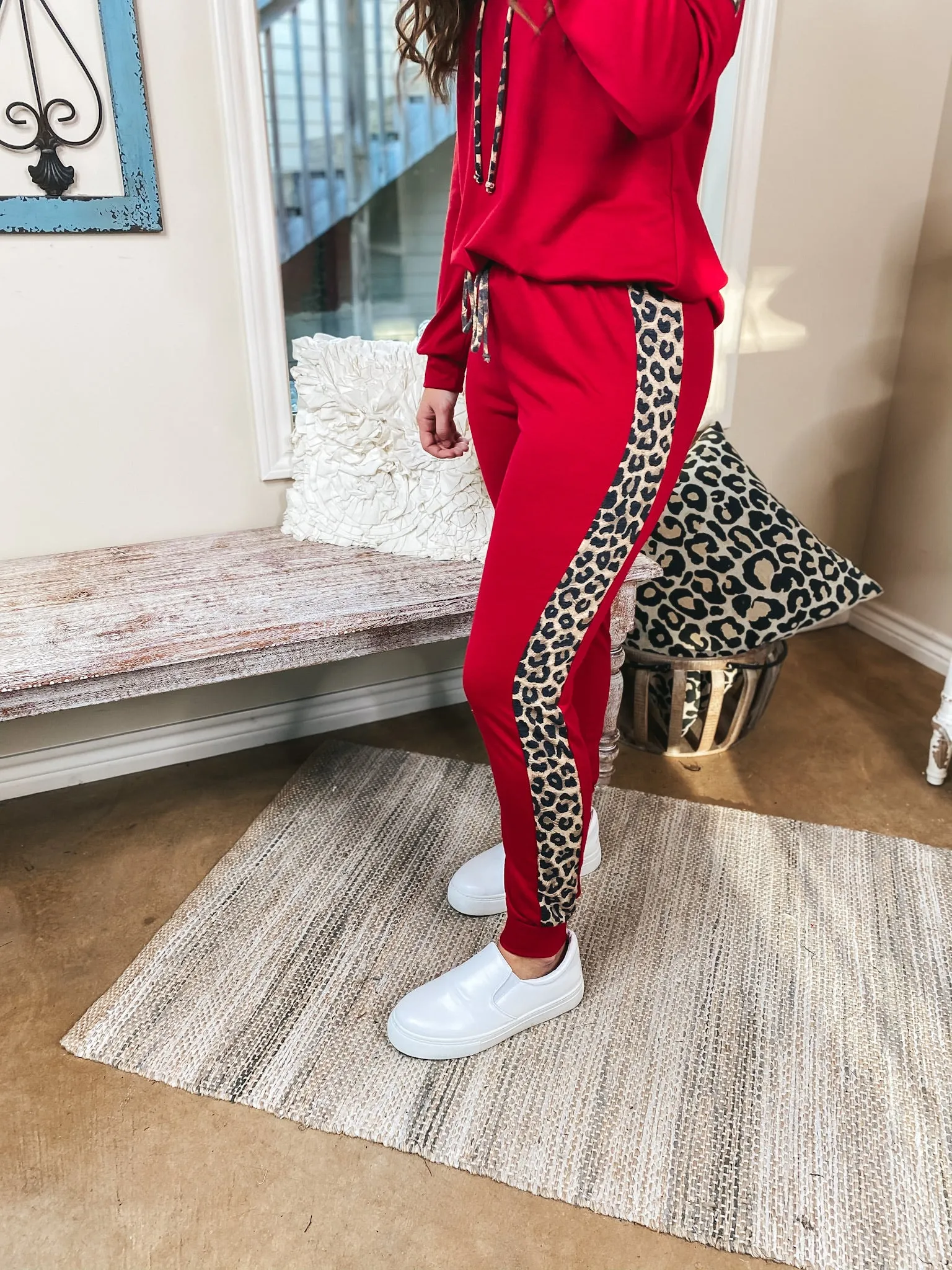 Lounge Queen Drawstring Joggers with Leopard Sides in Red