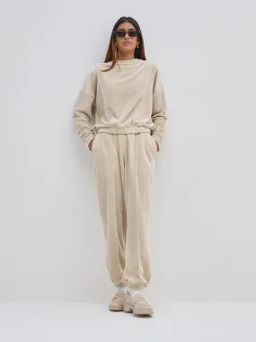 LOV Beige Self-Textured High-Rise Joggers