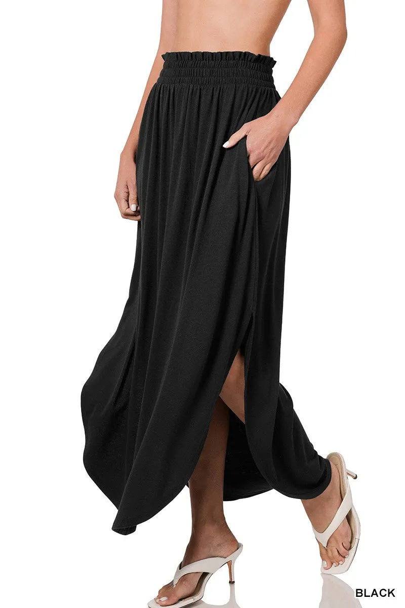 Malibu smocked waist side slit maxi skirt with pockets rs-7376a black