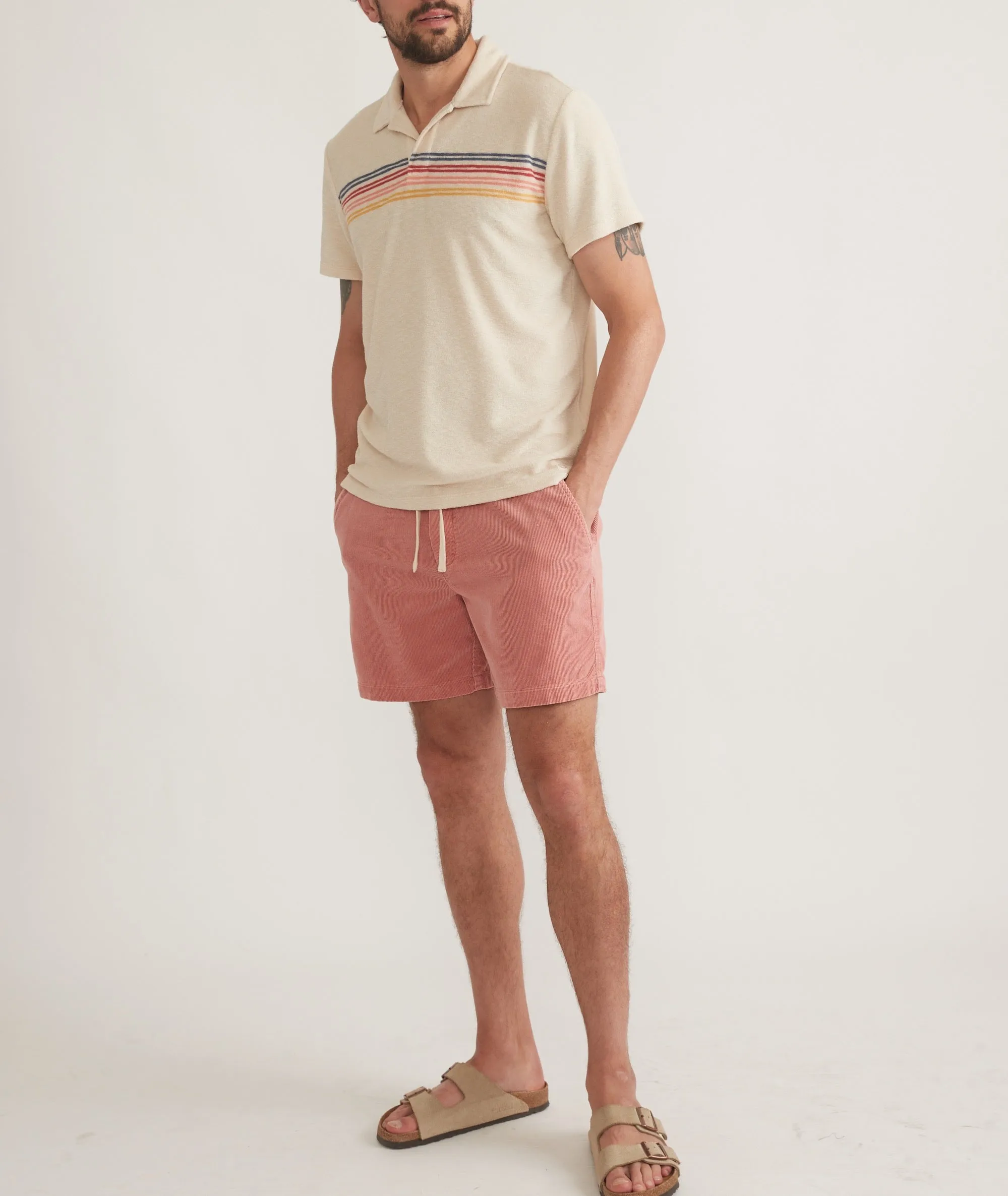 Marine Layer Terry Out Stripe Polo in Fog Sunset Stripe